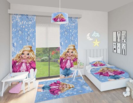 Kalp Yapan Kız Desenli Kız Bebek ve Çocuk Odası Seti (Perde, Yatak Örtüsü Seti, Halı, Çamaşır Sepeti, Abajur, Avize)