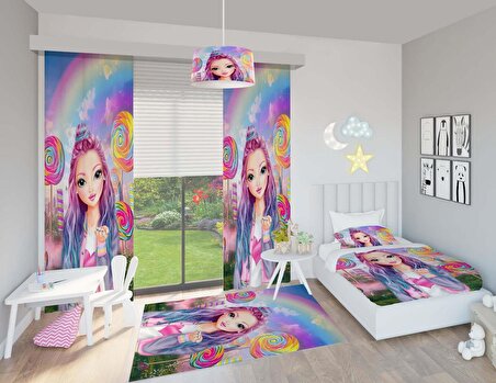 Lollipop Girl Desenli Kız Bebek ve Çocuk Odası Seti (Perde, Yatak Örtüsü Seti, Halı, Çamaşır Sepeti, Abajur, Avize)