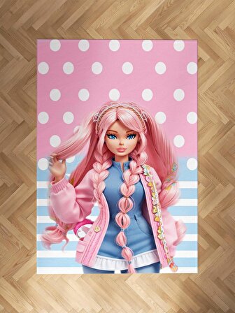 Kız Bebek ve Çocuk Odası için Barbie Desenli Organik Boyalı Solma Yapmayan Antialerjik Halı