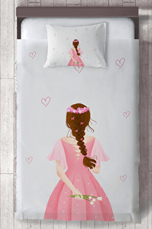 Bebek ve Çocuk Odası Pembe Elbiseli Kız Organik Boyalı, Renkli Yatak Örtüsü Seti Toplam 2 Parça ( 1 adet Yatak Örtüsü 140x220cm, 1 adet Yastık Kılıfı 50x70cm)-069