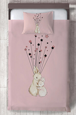 Bebek ve Çocuk Odası Sevimli Tavşan ve Yıldızlar Organik Boyalı, Renkli Yatak Örtüsü Seti Toplam 2 Parça ( 1 adet Yatak Örtüsü 140x220cm, 1 adet Yastık Kılıfı 50x70cm)-168