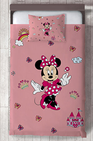 Bebek ve Çocuk Odası Minnie Mouse Organik Boyalı, Renkli Yatak Örtüsü Seti Toplam 2 Parça ( 1 adet Yatak Örtüsü 140x220cm, 1 adet Yastık Kılıfı 50x70cm)-180