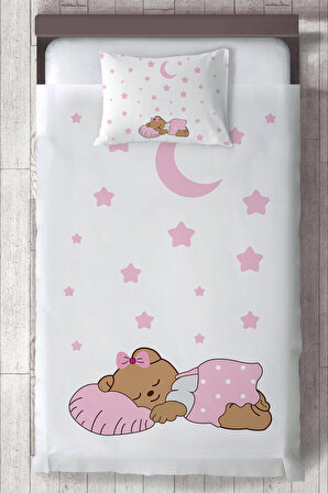 Bebek ve Çocuk Odası Uyuyan Sevimli Ayı Organik Boyalı, Renkli Yatak Örtüsü Seti Toplam 2 Parça ( 1 adet Yatak Örtüsü 140x220cm, 1 adet Yastık Kılıfı 50x70cm)-208