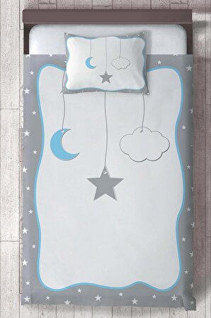 Bebek ve Çocuk Odası Ay Yıldız Balon Organik Boyalı, Renkli Yatak Örtüsü Seti Toplam 2 Parça ( 1 adet Yatak Örtüsü 140x220cm, 1 adet Yastık Kılıfı 50x70cm)-209
