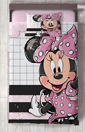 Bebek ve Çocuk Odası Minnie Mouse Desenli İsim Yazdırılabilir 2 Parça Yatak Örtüsü Seti-23S