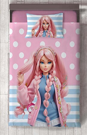 Kız Bebek ve Çocuk Odası için Barbie Desenli İsim Yazdırılabilir Renkli 2 Parça Yatak Örtüsü Seti-53S