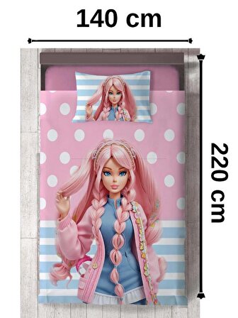 Kız Bebek ve Çocuk Odası için Barbie Desenli İsim Yazdırılabilir Renkli 2 Parça Yatak Örtüsü Seti-53S
