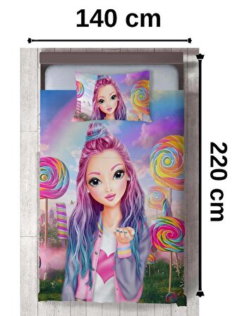 Kız Bebek ve Çocuk Odası için Lollipop Girl Desenli İsim Yazdırılabilir Renkli 2 Parça Yatak Örtüsü Seti-57S