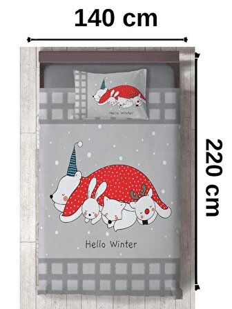 Bebek ve Çocuk Odası Yeni Yıl ve Hello Winter Desenli Yılbaşı Detaylı 2 Parça Tek Kişilik Yatak Örtüsü Seti-72S
