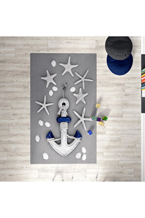 CERİTTİ Bebek ve Çocuk Odası Deniz Yıldızı ve Çapa Desen Dekoratif Antialerjik Halı CRTT-091