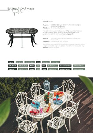 Ferforje Görünümlü Oval Masa, Bahçe, Balkon ve Dış Mekanda Kullanılabilir, 2 Yıl Garantili, Plastik Tek Oval Beyaz Masa
