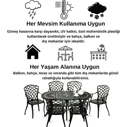 Ceritti Ferforje Görünümlü Plastik Siyah Masa ve Sandalye, Bahçe, Balkon ve Dış Mekanda Kullanılabilir, 2 Yıl Garantili, 150KG Taşıma Kapasiteli, Plastik Oval Masa ve Sandalye Takımı