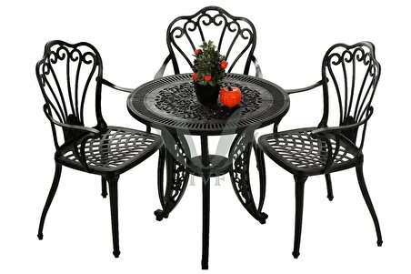 Ceritti Ferforje Görünümlü Masa ve Sandalye, Bahçe, Balkon ve Dış Mekanda Kullanılabilir, 2 Yıl Garantili, 150 kg Taşıma Kapasiteli, Plastik Yuvarlak Siyah Masa ve Sandalye Takımı