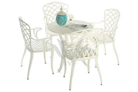 Ceritti Ferforje Görünümlü Masa ve Sandalye, Bahçe, Balkon ve Dış Mekanda Kullanılabilir, 2 Yıl Garantili, 150 kg Taşıma Kapasiteli, Plastik Yuvarlak Beyaz Masa ve Sandalye Takımı