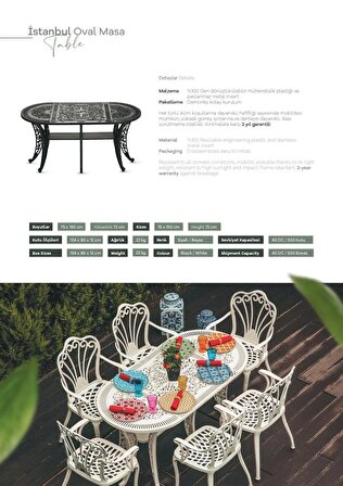 Ceritti Ferforje Görünümlü Oval Masa, Bahçe, Balkon ve Dış Mekanda Kullanılabilir, 2 Yıl Garantili, Plastik Tek Oval Beyaz Masa