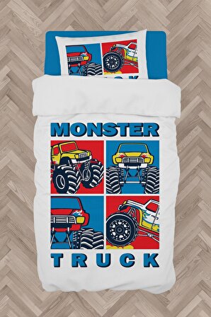  Erkek Bebek ve Çocuk Odası Truck Monster Araba Desenli Toplam 3 Parça Tek Kişilik Nevresim Takımı Seti-112S