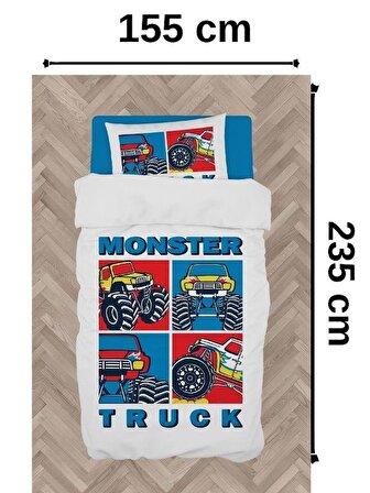  Erkek Bebek ve Çocuk Odası Truck Monster Araba Desenli Toplam 3 Parça Tek Kişilik Nevresim Takımı Seti-112S