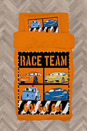  Erkek Bebek ve Çocuk Odası Race Team Araba Desenli Toplam 3 Parça Tek Kişilik Nevresim Takımı Seti-126S
