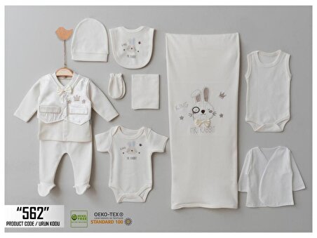CERİTTİ Cepkenli Sevimli Kral Tavşan Desenli, Beyaz Renk, Yenidoğan Erkek Bebek Zıbını, 10'lu Hastane Çıkış Zıbın Seti %100 Organik Pamuk (0-3 Ay) (562)