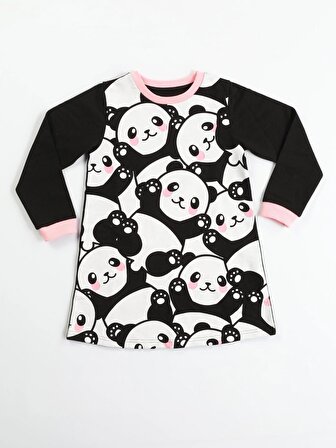 Pandas Kız Çocuk Baskılı Siyah Elbise