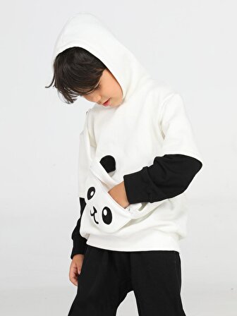 Panda Unisex Mobil Çantalı Krem Sweatshirt
