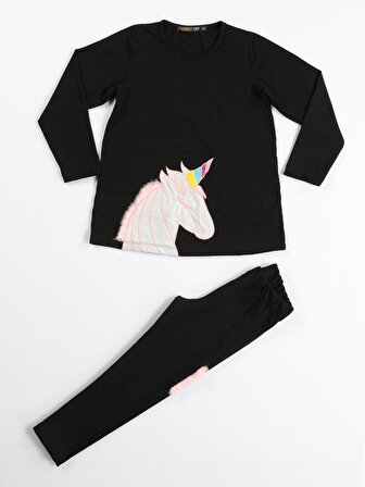 Unicorn 3 Boyutlu Siyah Kız Tunik + Tayt Takım
