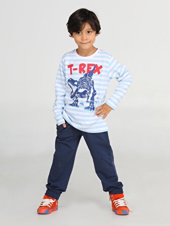Mavi Çizgili T-rex Erkek Çocuk Pantolon Takım