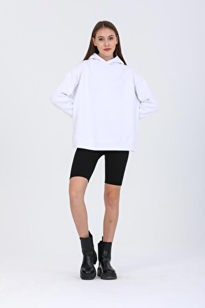 Pupiwessi Kadın Beyaz Kapüşonlu Oversize Sweatshirt-Hoodie