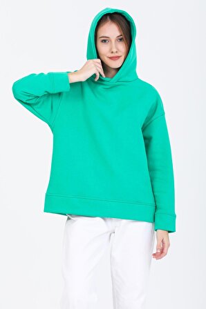 Pupiwessi Kadın Yeşil Kapüşonlu Oversize Sweatshirt-Hoodie