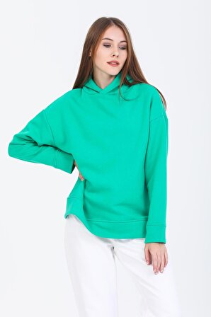 Pupiwessi Kadın Yeşil Kapüşonlu Oversize Sweatshirt-Hoodie