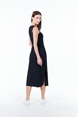 Siyah Kadın Yırtmaç Detaylı Midi Örme Modal Kumaş Uzun Elbise - Barbara