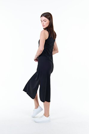 Siyah Kadın Yırtmaç Detaylı Midi Örme Modal Kumaş Uzun Elbise - Barbara