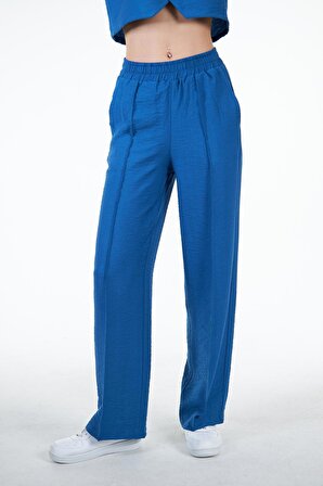 Mavi Kadın Keten Görünümlü Nervür Detaylı Bol Kalıp Wide Leg Pantolon - Nomte