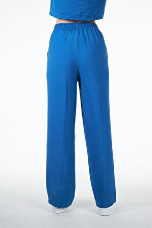 Mavi Kadın Keten Görünümlü Nervür Detaylı Bol Kalıp Wide Leg Pantolon - Nomte