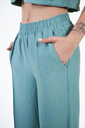 Yeşil Kadın Keten Görünümlü Nervür Detaylı Bol Kalıp Wide Leg Pantolon - Nomte