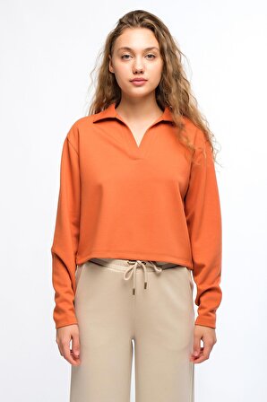 Turuncu Kadın Yaka Detaylı Sweatshirt - More