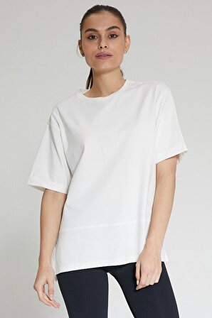 Beyaz Kadın Pamuklu Yırtmaçlı Oversize  T-shirt - Nors