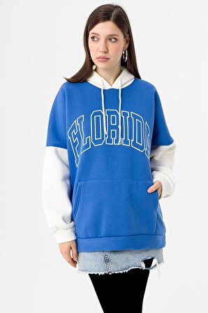 Kadın Mavi Sweatshirt Kolu Garnili Yazı Baskılı Sweat