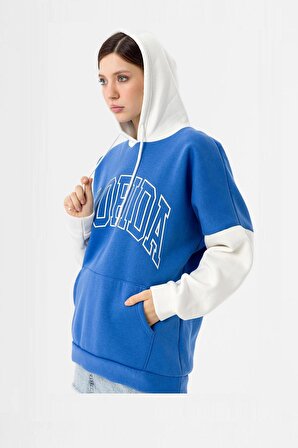 Kadın Mavi Sweatshirt Kolu Garnili Yazı Baskılı Sweat