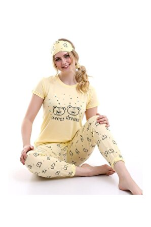Kadın Pijama Takımı Kısa Kollu Pamuklu Penye Sarı