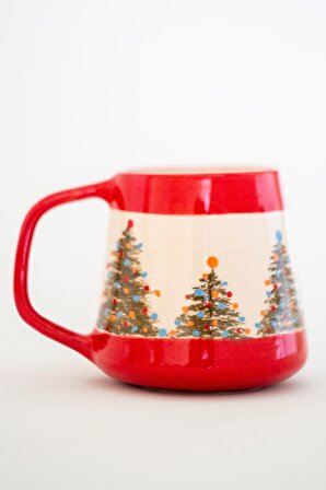 Kırmızı Yılbaşı Ağacı Süslemeli Kahve Kupası, El Yapımı Özel Tasarım Kahve Bardağı / Karne Hediyesi