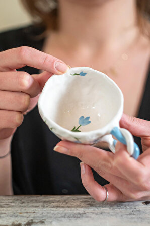 Çiçekli Çay Kahve Fincanı, El Yapımı Seramik Fincan, Çiçekli Minimal Tasarım Fincan
