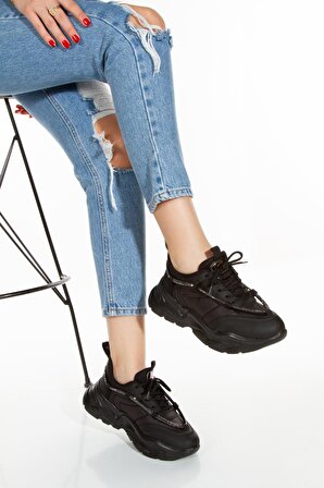 Gümüş Şerit Detaylı Rahat Yüksek Taban Paraşüt Günlük Kadın Siyah Sneaker Spor Ayakkabı