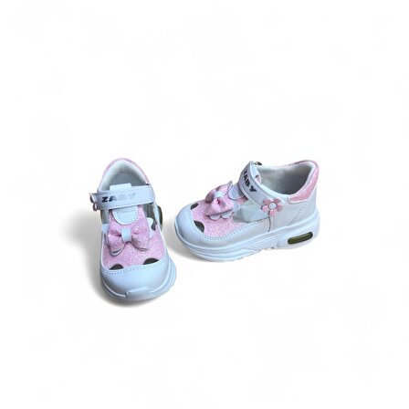 Kız Bebe Ortopedik Cırtlı Esnek Hafif Nefes Alabilen Beyaz Pembe Renk Işıklı Bebek Sneaker Spor Ayakkabı