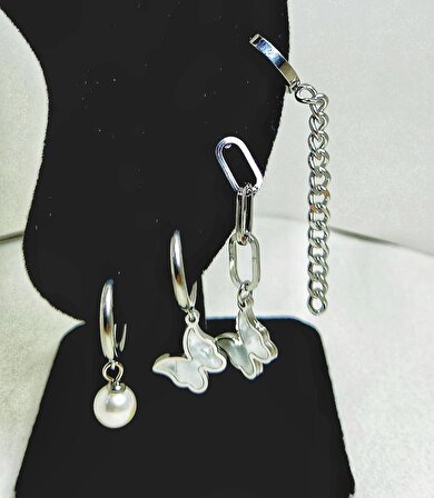 Kelebek  model sallantılı zincirli model zirkon taşlı halka sallantılı kadın gümüş kaplama set küpe