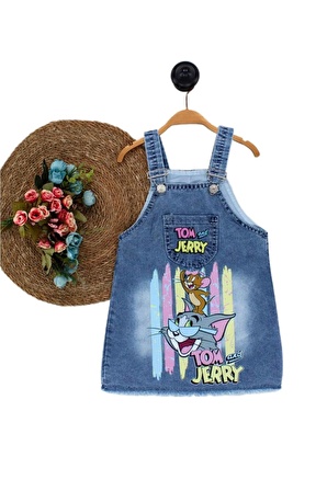 Kız Çocuk Kot Jile Salopet Tom ve Jerry Baskılı Denim Elbise - Model-6