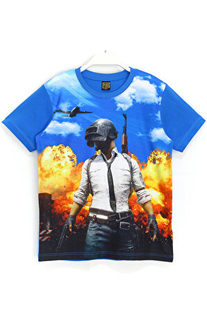 Pubg 3D Dijital Baskılı Erkek Çocuk T-shirt Mavi