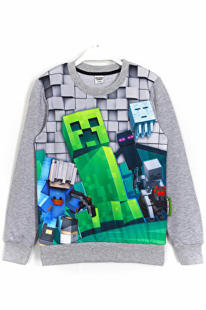 3d Minecraft Creeper Baskılı Erkek Çocuk Sweatshirt Gri