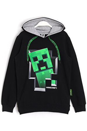 Çocuk Minecraft Creeper Baskılı Bağcık Detaylı Kapüşonlu Sweatshirt Hoodie Siyah Renk