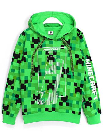 Minecraft Creeper 360 Derece Baskılı Kapüşonlu Erkek Çocuk Hoodie Sweatshirt Yeşil